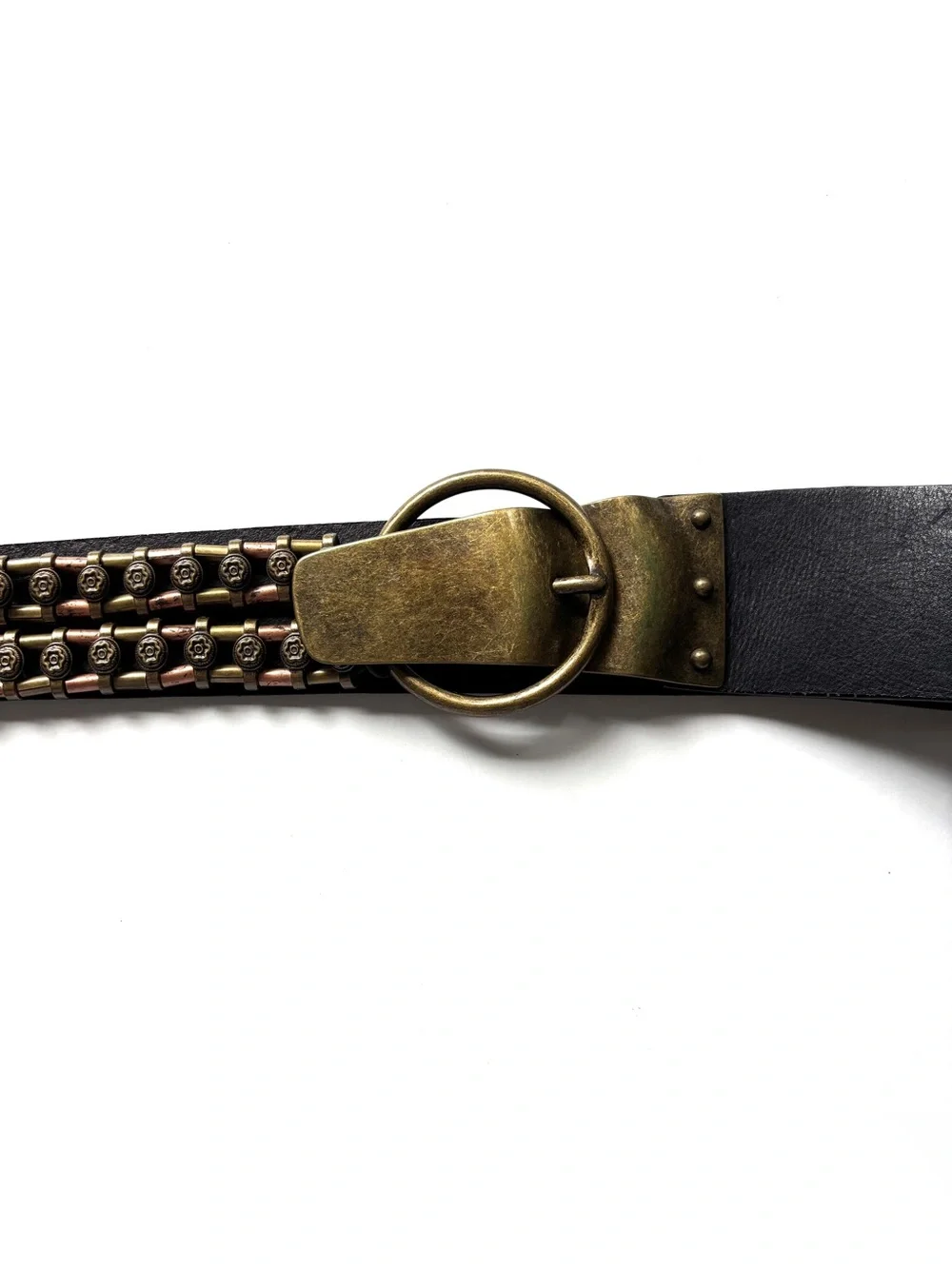 Black Leather Belt w/ Brass Gold Copper Metal Chain Hardware M-L Chicos vintage